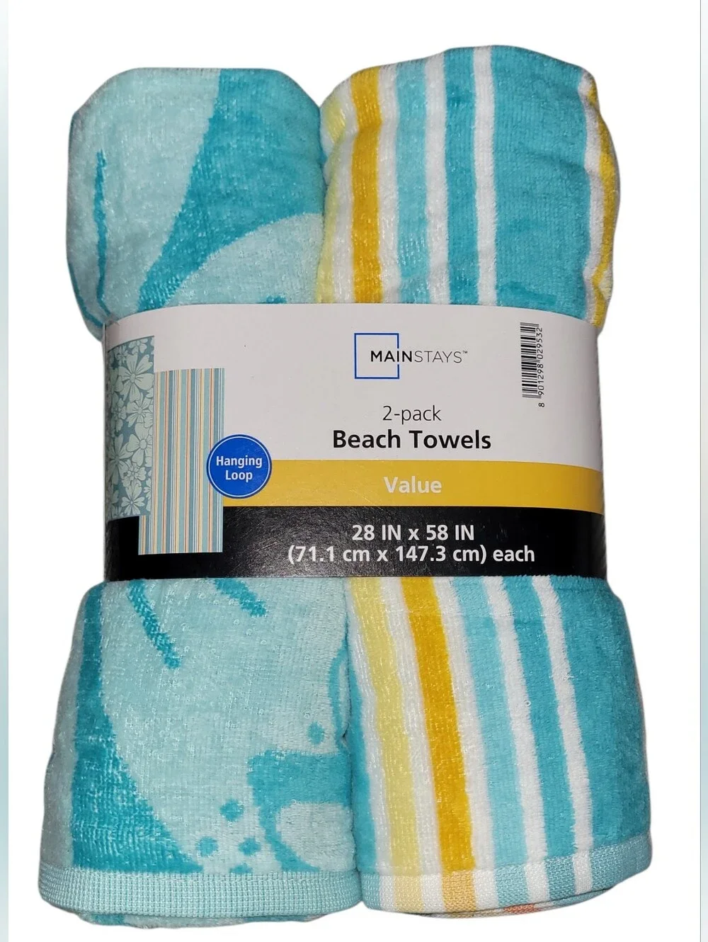 6 Beach Towels Green Floral & Striped Quick Dry Cotton Blend Bath Hanging Loop